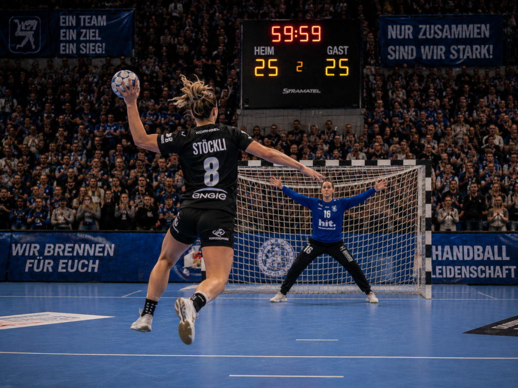 Handballerin bei einem matchentscheidenden Sprungwurf